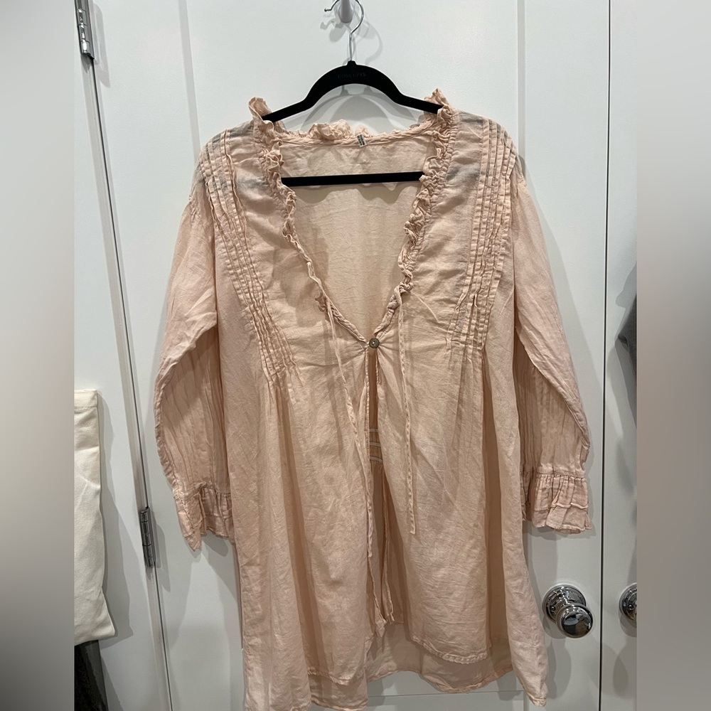 Cottagecore Boho Pink Cotton Open Blouse Ruffle Trim Tunic Medium?